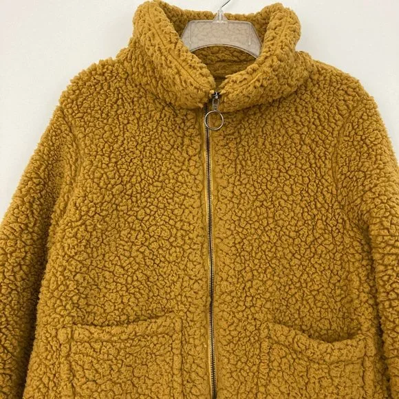 Madden Teddy Bear Jacket Size L Mustard Full Zip Pockets Lined Long Sleeve - Picture 7 of 13